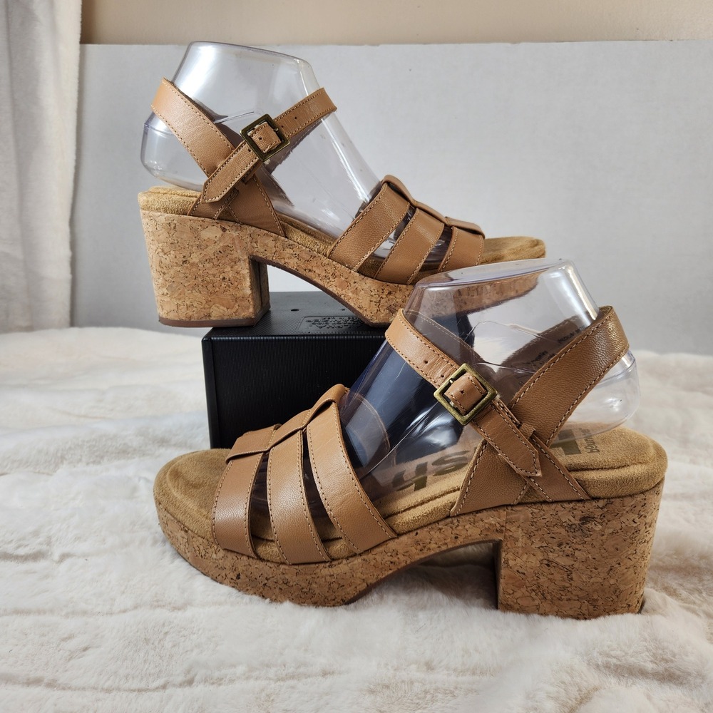 Hush Puppies Womens Tan Leather Cork Platform Wedge Sandals Size 9‎ Shoe HP61575